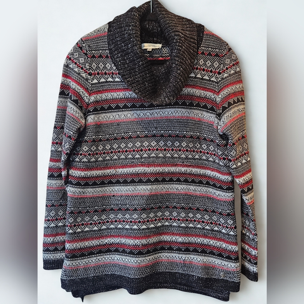 Vintage Knitted Northern Reflections Cozy Multicolor Patterned Cowl Neck Sweater
